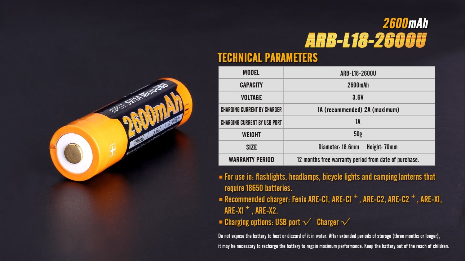 Fenix battery - type "18650" - 2600mah / ARB-L18-2600U - with micro-USB charging port