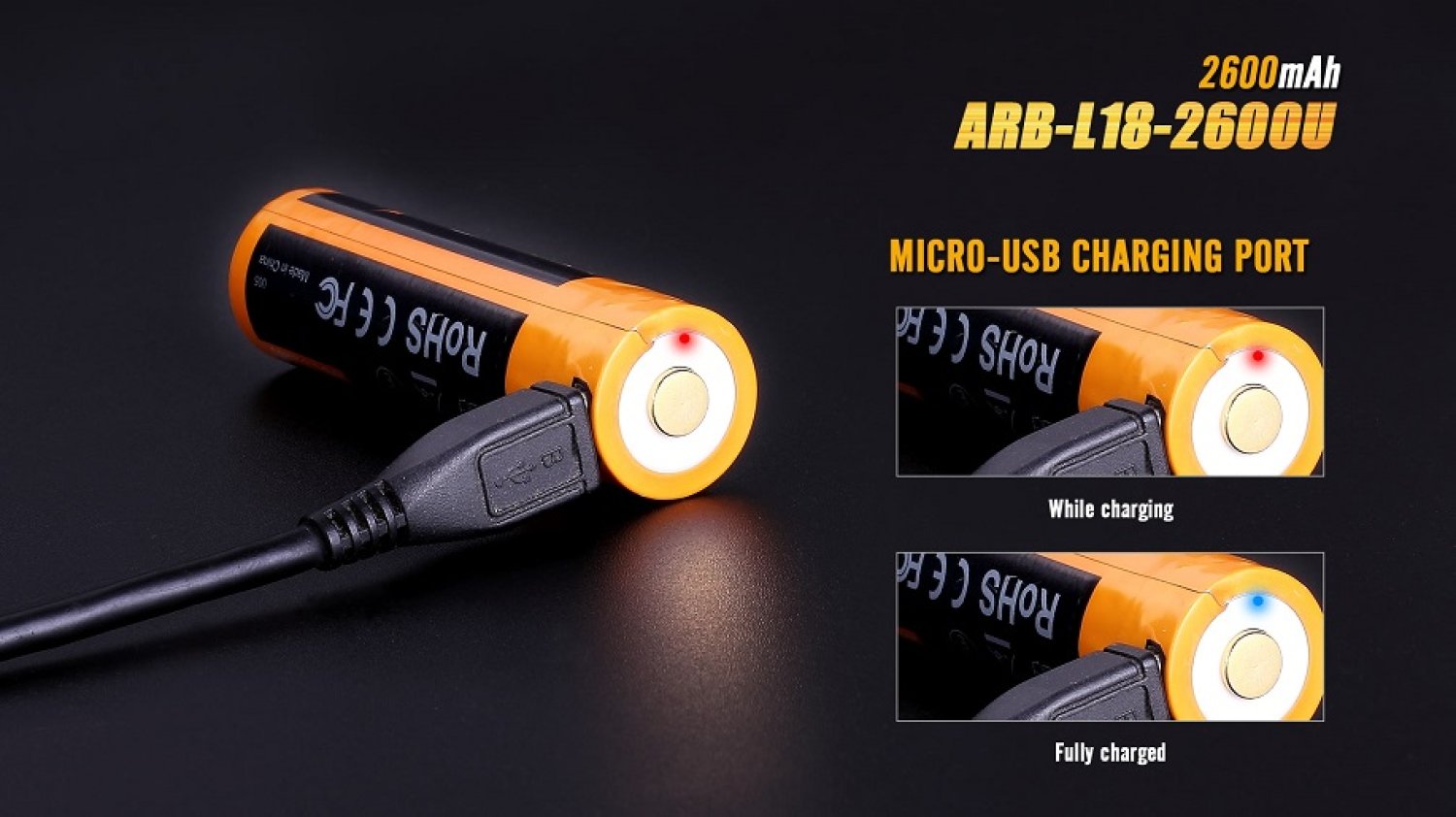 Fenix battery - type "18650" - 2600mah / ARB-L18-2600U - with micro-USB charging port