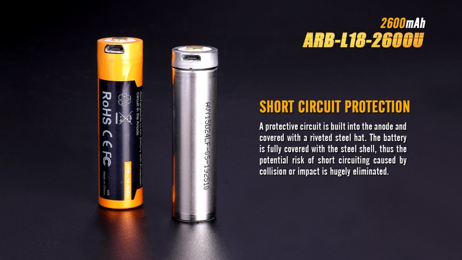 Fenix battery - type "18650" - 2600mah / ARB-L18-2600U - with micro-USB charging port